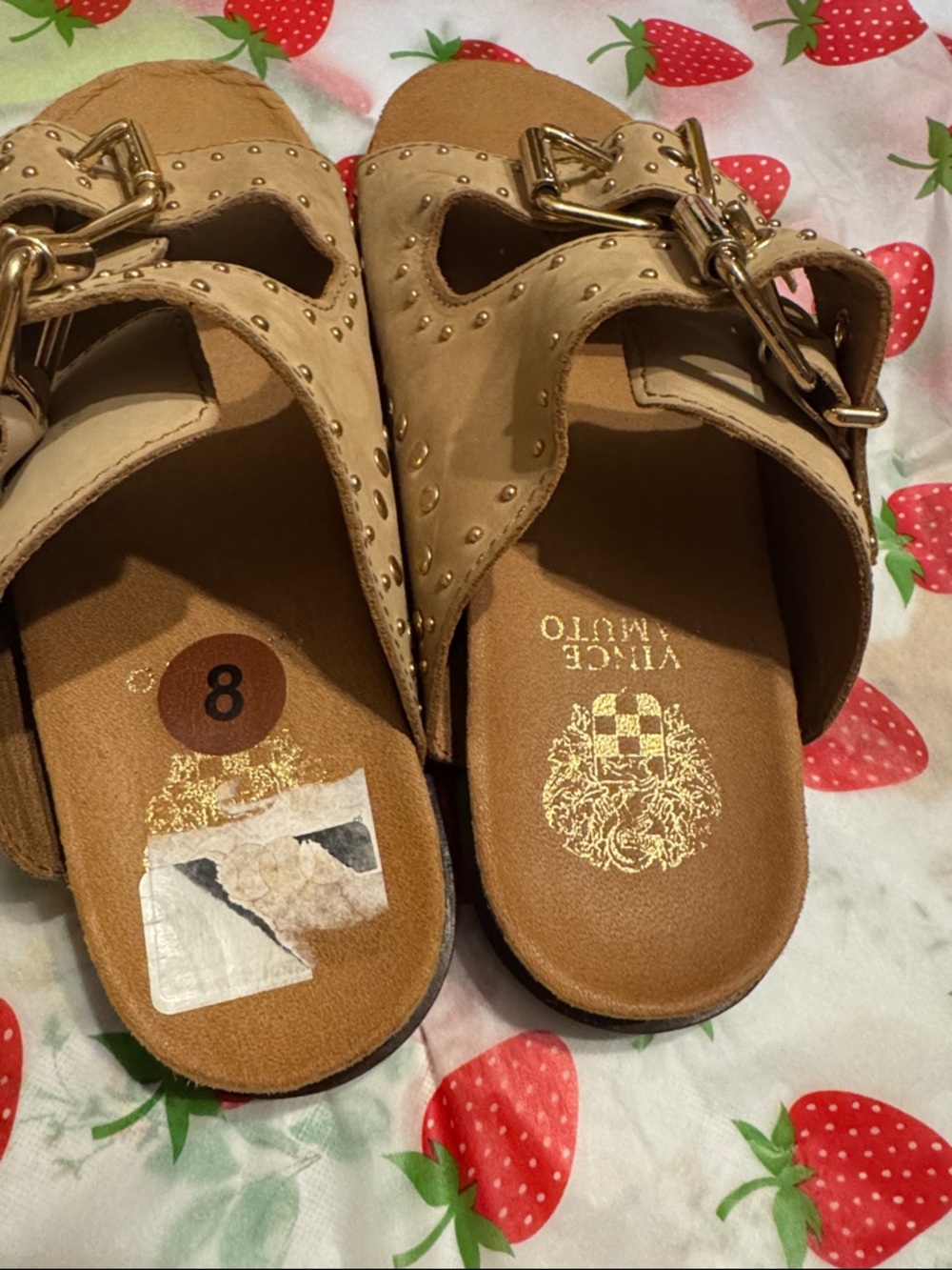 Vince Camuto Studded Double Buckle Slide Sandals in Taupe  with Gold Hardware